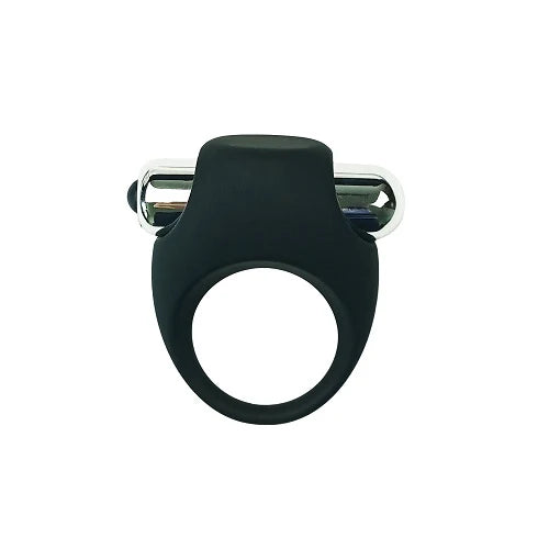 a black ring with a metal bullet vibrator on a white background