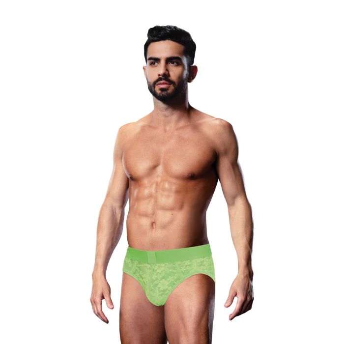 Prowler Lace Brief Neon Green - Stunning lace brief in bold neon green, blending sensuality with comfort.