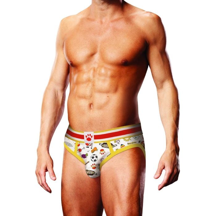 Prowler Barcelona Brief Yellow Red showcasing vibrant Spanish-themed imagery, a stylish jockstrap design perfect for confidence and pride.