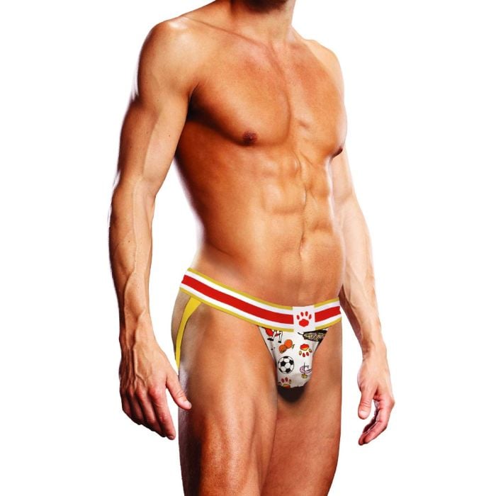 Prowler Barcelona Jock Strap in vibrant yellow and red, an elegant choice for style and comfort.