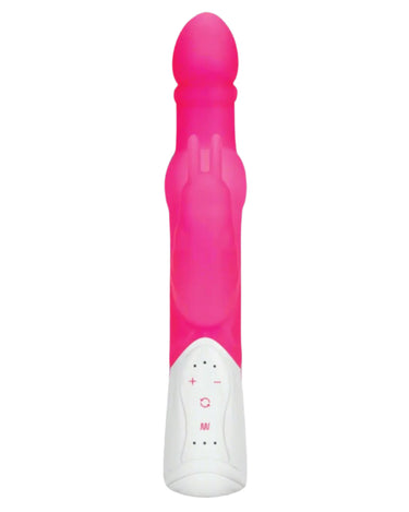 a pink and white rabbit vibrator on a gray background
