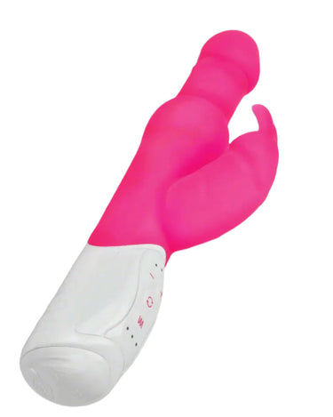 a pink and white rabbit vibrator on a gray background