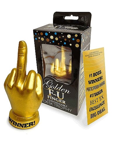 Stylish golden F-U finger trophy displayed in its elegant packaging, complete with a vibrant label featuring multiple award categories, showcasing its charm as a unique desk trophy for playful acknowledgements.