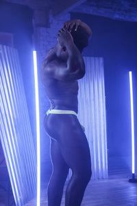 Fashionable presentation of Sukrew Men's Sheer Low-Rise Thong in Acid Yellow, featuring a stylish jacquard branded waistband and spectacular softness. A top-tier men's thong for modern gents.