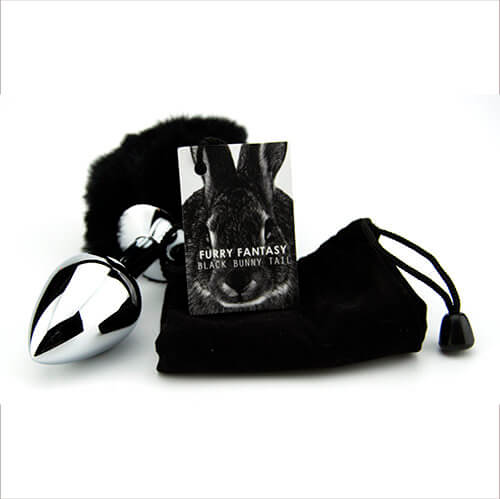 Furry Fantasy Black Bunny Tail Butt Plug - Faux Fur and Metal Butt Plug with drawstring bag