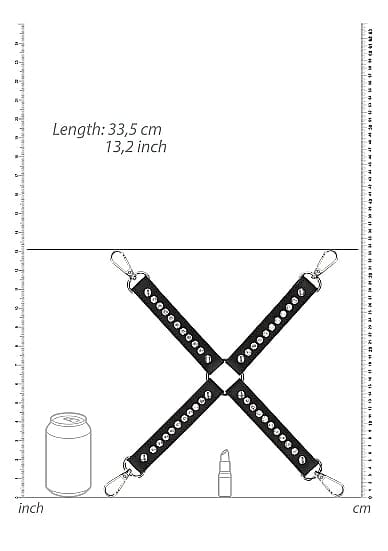a diagram showing the size of  a black leather hogtie connector studded with diamonds in comparison to an aluminium can and a lipstick
