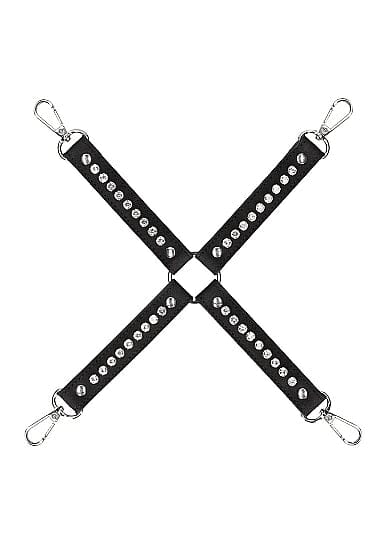 a black leather hogtie connector with studded diamonds on a white background
