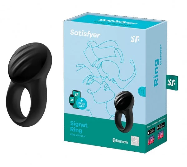 Satisfyer Signet Ring app-controlled cock ring with ribbed texture and intense vibrations for couples' intimacy enhancement.