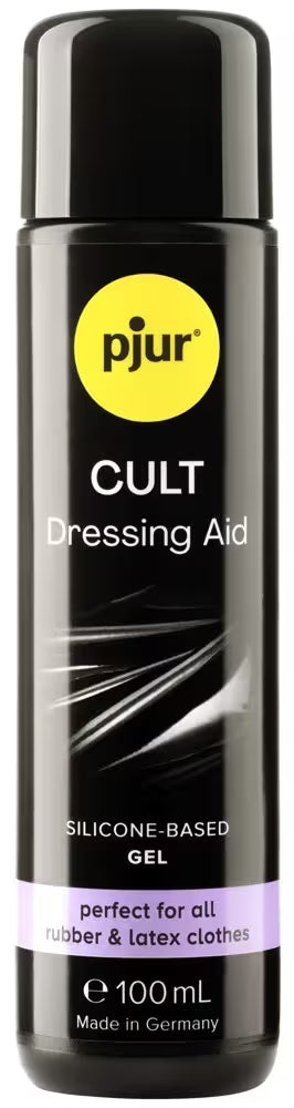 Pjur Cult Latex & Rubber Dressing Aid bottle, a cleaner and restorer for latex and rubber products, with a white and transparent design.