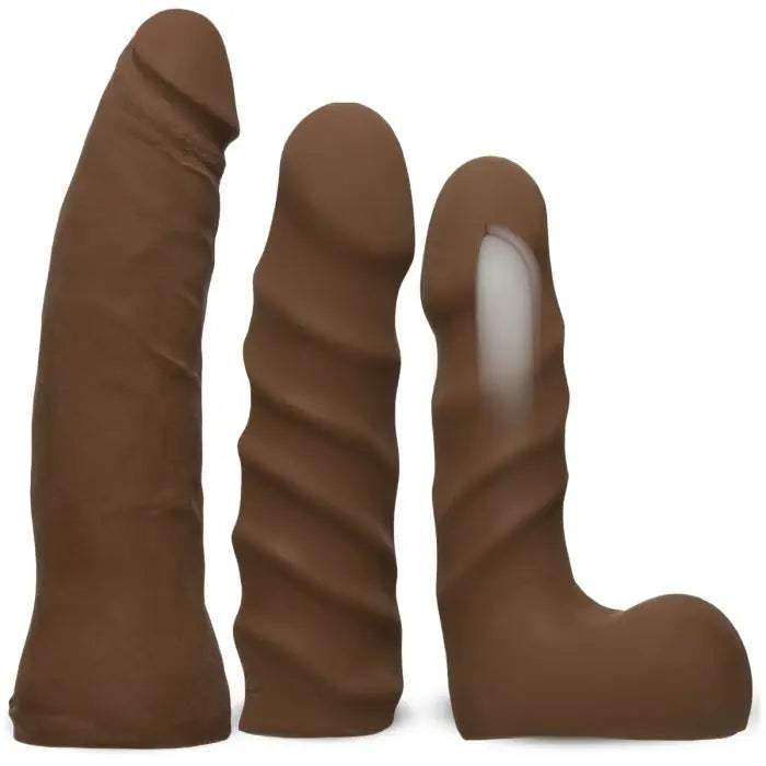 Doc Johnson Vac U Lock vibrating dual density strap-on starter set with adjustable harness and dual-ended dildo on a white background.