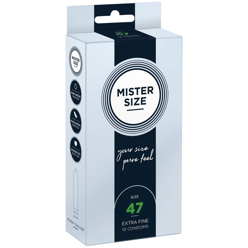 10-pack of Mister Size Pure Feel condoms, 47 mm, with sleek packaging and clear label, designed for comfortable and reliable protection.