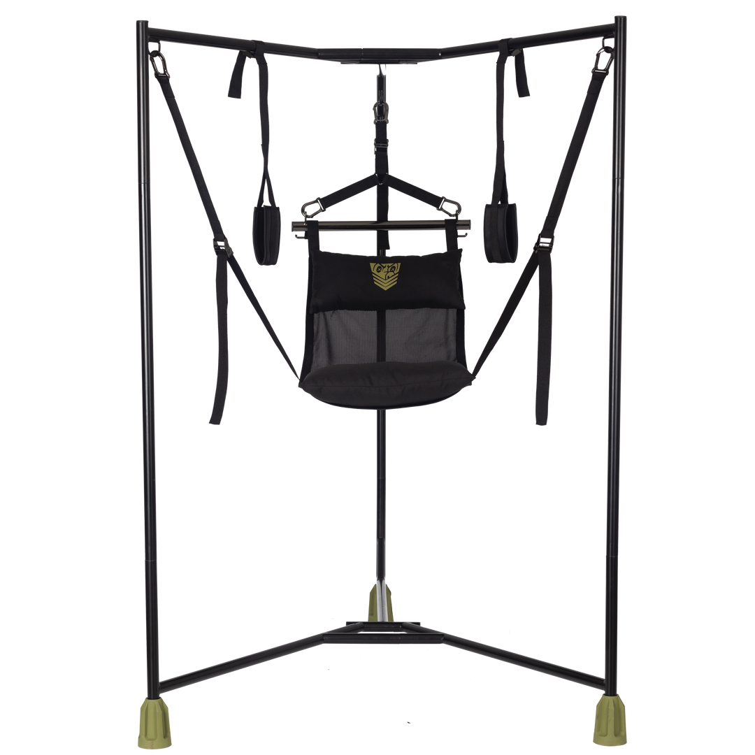 a metal frame with a black bag hanging from it