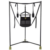 a metal frame with a black bag hanging from it