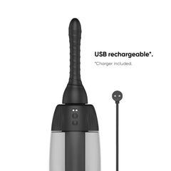 The Nexus Automatic Rotating 360° Anal Douche in an elegant setting, highlighting its rechargeable and waterproof features, ideal for a sophisticated hygiene routine.