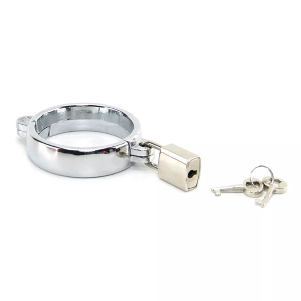 Steel Locking Cock Ring by Metal Worx, premium weighted design in stainless steel, used for enhancement and restraint.