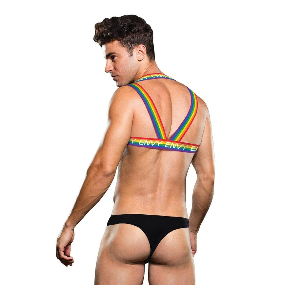 Envy Rainbow Harness for men, fetishwear accessory with colorful straps and adjustable design, worn as a bold statement piece.