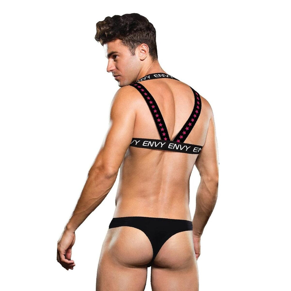 Men's Envy Black Logo Harness, stylish fetishwear with adjustable straps and bold Envy branding, designed for edgy fashion and alternative style.