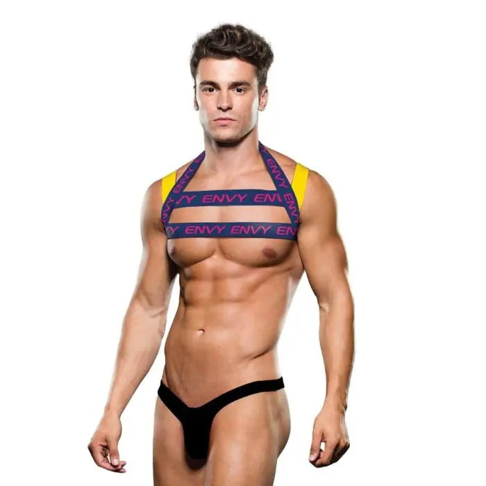 Envy Chest Harness In Blue And Yellow With Contrasting Logo Detail And Statement Style