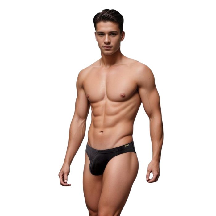 Men's Envy Sexy Slinky Brief in navy or black, featuring smooth, form-fitting fabric and comfortable waistband.