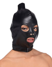 Trendy Ponytail Hood with ponytail access, enhancing your bondage experience with chic appeal.