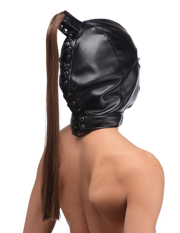 Luxurious Ponytail Hood featuring soft PU leather design, perfect for bondage play.