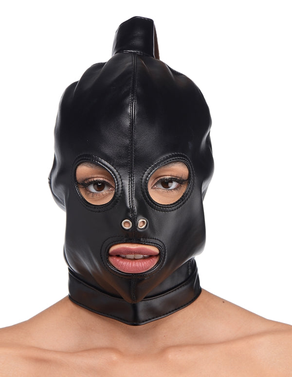 Elegant black Ponytail Hood with lace-up back, ideal for stylish power play.