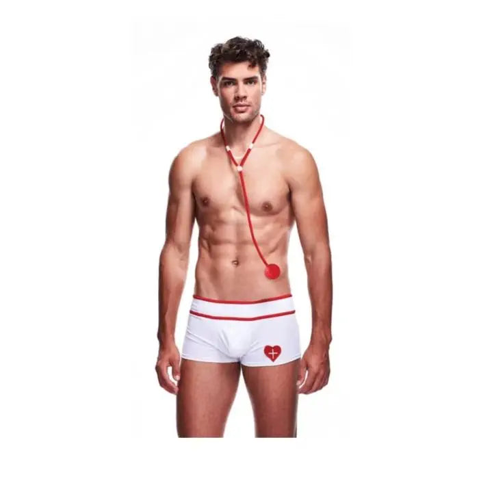 Envy men's nurse boxer costume in white and red, two-piece outfit with medical-themed design, suitable for costumes and role play.