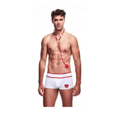 Envy men's nurse boxer costume in white and red, two-piece outfit with medical-themed design, suitable for costumes and role play.