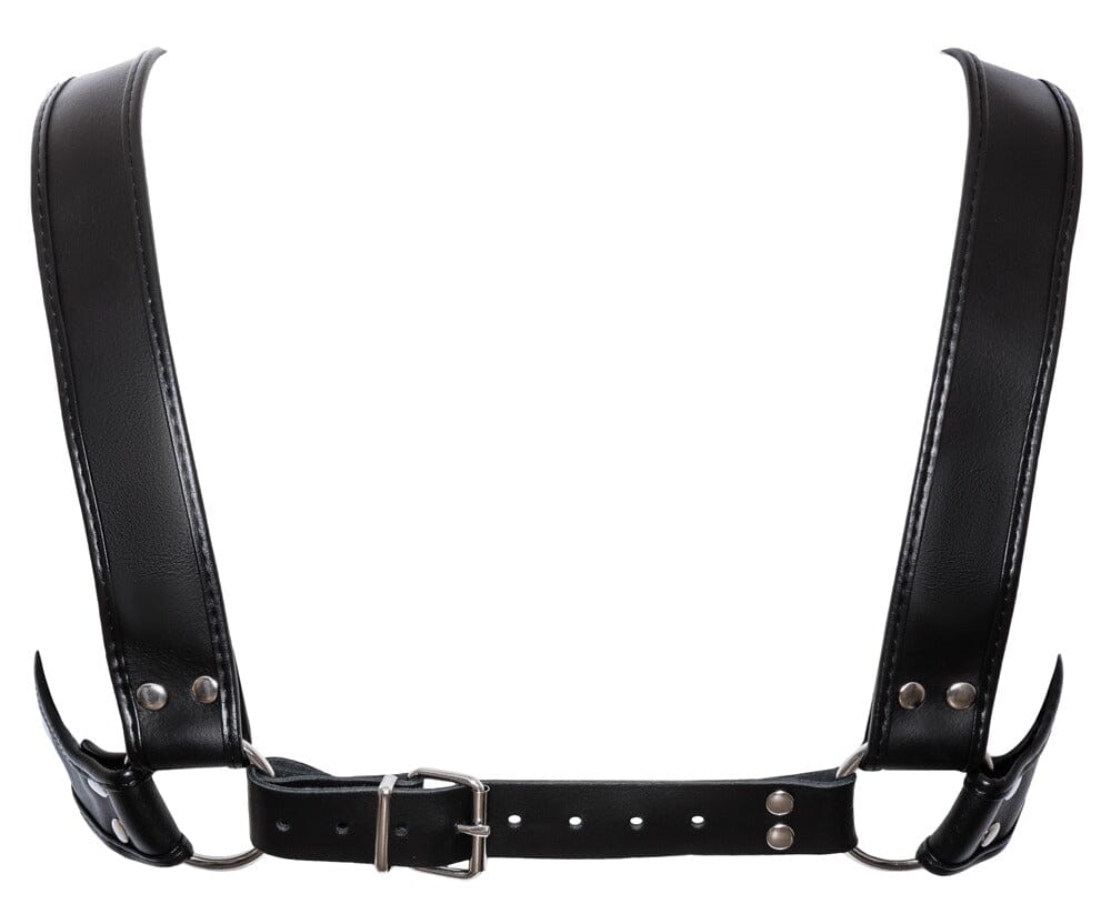 a close up of a black leather harness