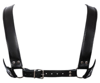 a close up of a black leather harness