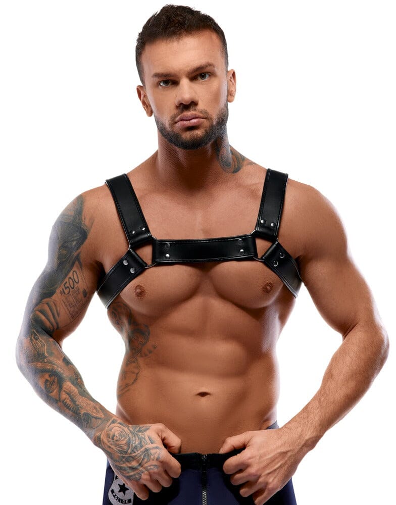 a shirtless man wearing a leather harness