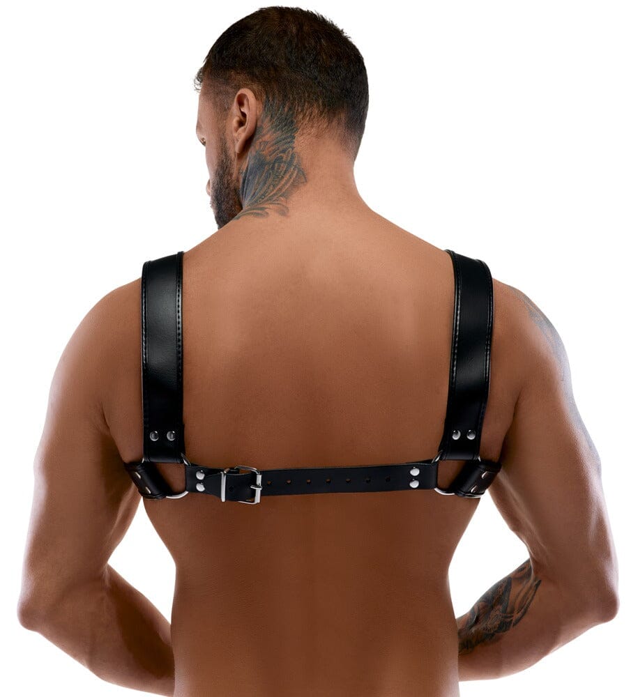 a man wearing a black leather harness