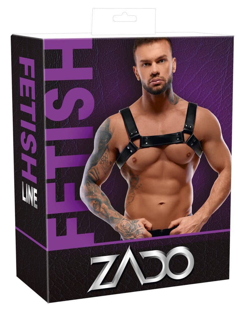 a male model wearing a black leather harness