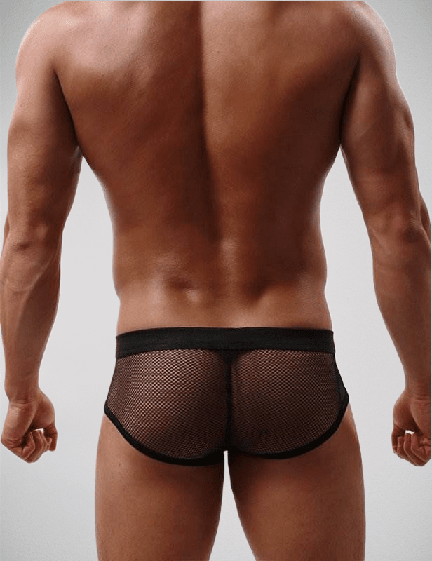 Black men's fishnet briefs by Scandals Menswear featuring a sleek, comfortable fit with high-quality fishnet fabric.
