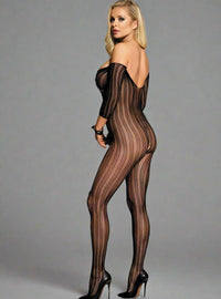 a woman in scandals lace stripe bodystocking posing in front of a grey studio background