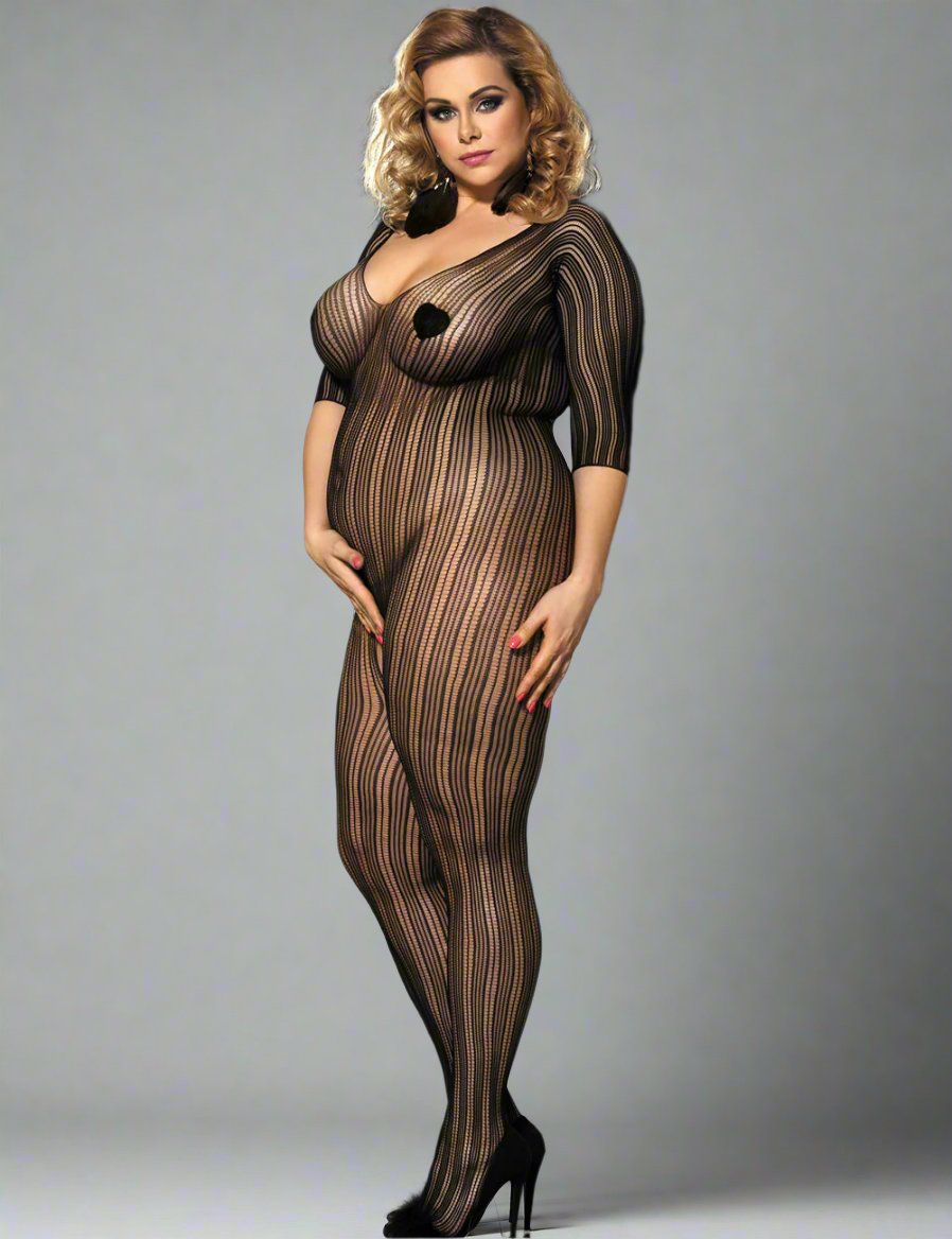 a curvy woman posing to the side wearing scandals black lace stripe bodystocking in front of a grey studio background