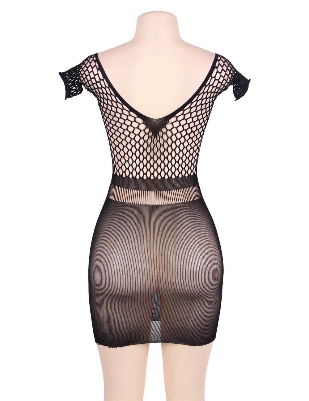 a woman wearing a black bodystocker with a fishnet top