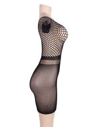 a mannequin wearing a black fishnet bodystocker