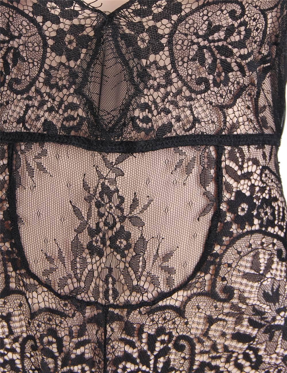 a woman wearing a black lace top