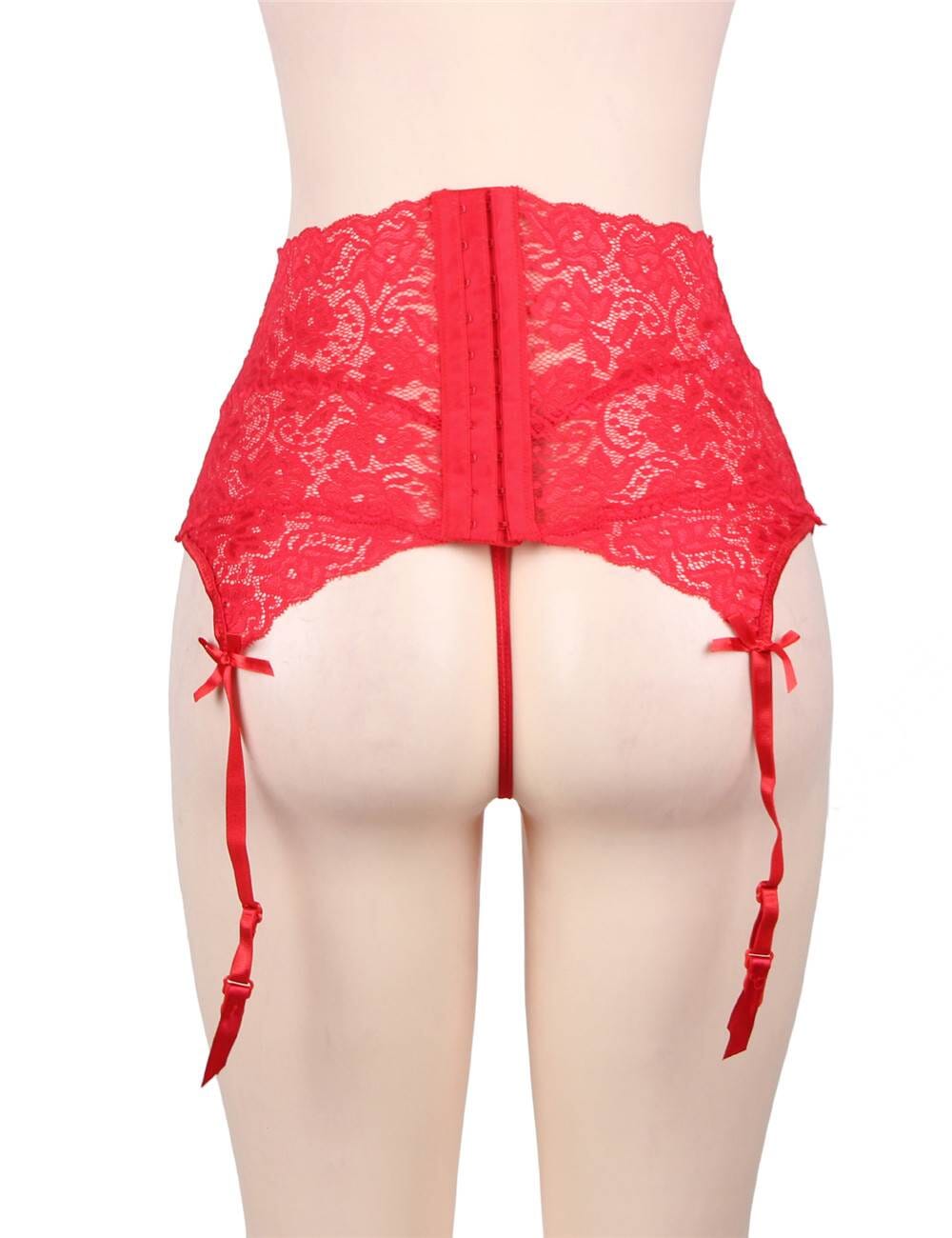a woman wearing a red panties with a red lace garter