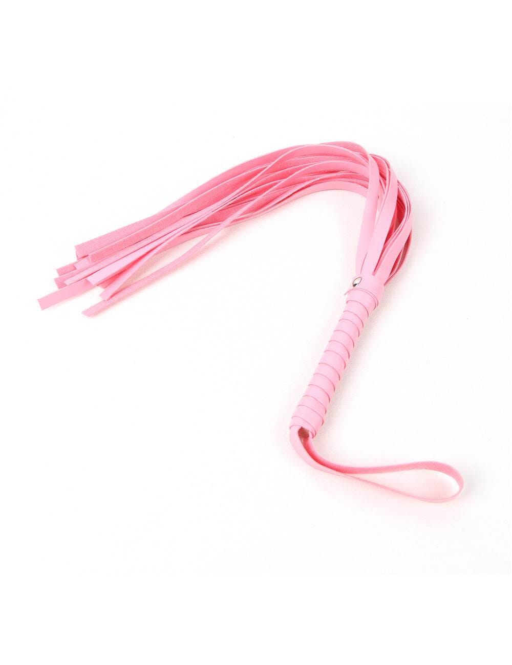 a pink flogger with a long handle on a white background
