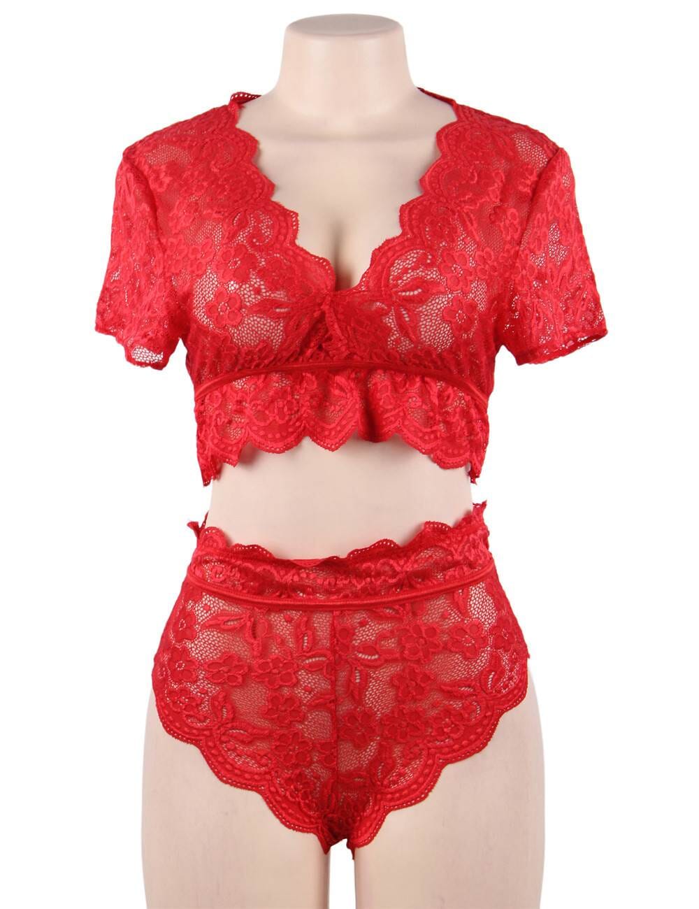 Scandals Lingerie high waist lace lingerie set with matching bra and panty, featuring intricate lace details and elegant design.