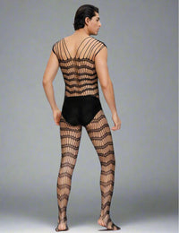 a man in a fishnet bodystockt and fishnet stockings