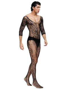 Scandals men's floral black fishnet and lace crotchless bodystocking, showcasing intricate lace details and fishnet fabric.