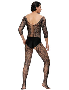 Scandals men's black fishnet and lace crotchless floral bodystocking, close-up of intricate floral lace pattern and fishnet fabric.