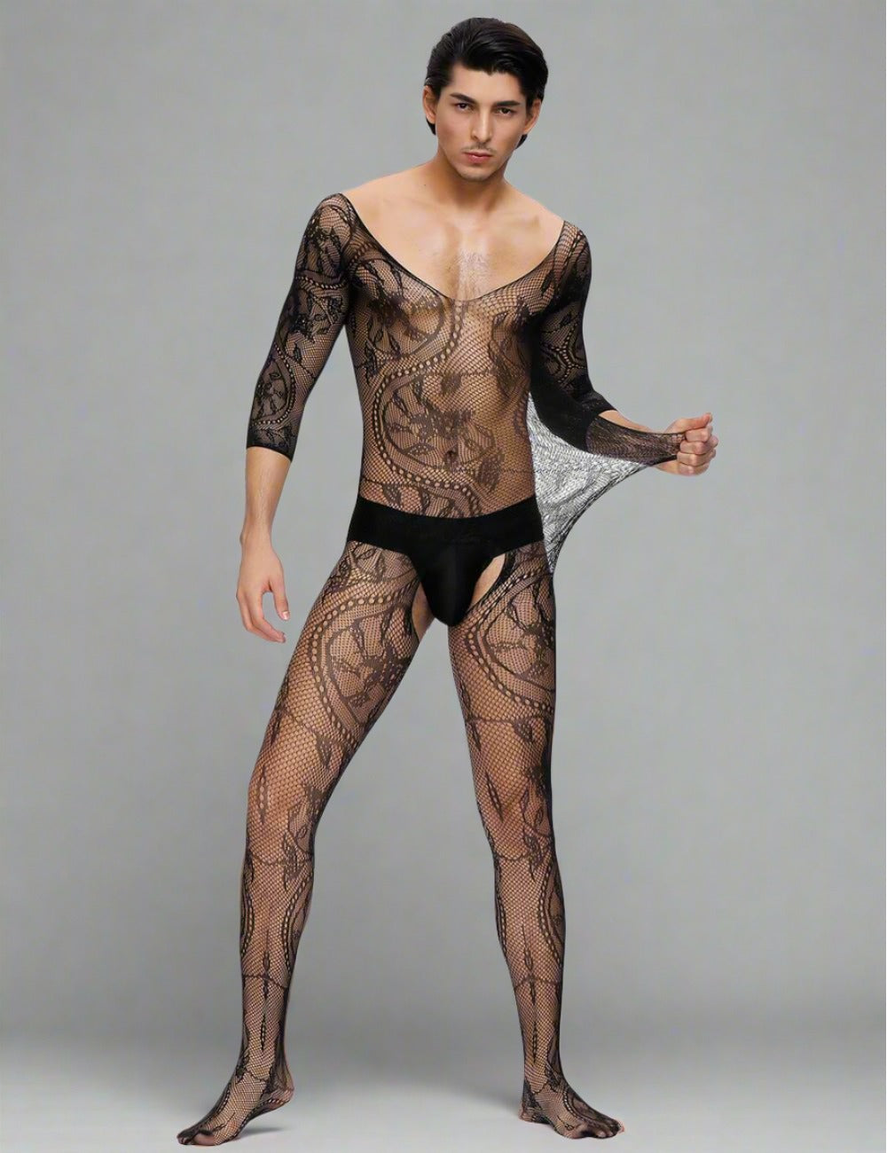 Scandals men's black fishnet and lace crotchless floral bodystocking, featuring intricate lace details and a fitted design.