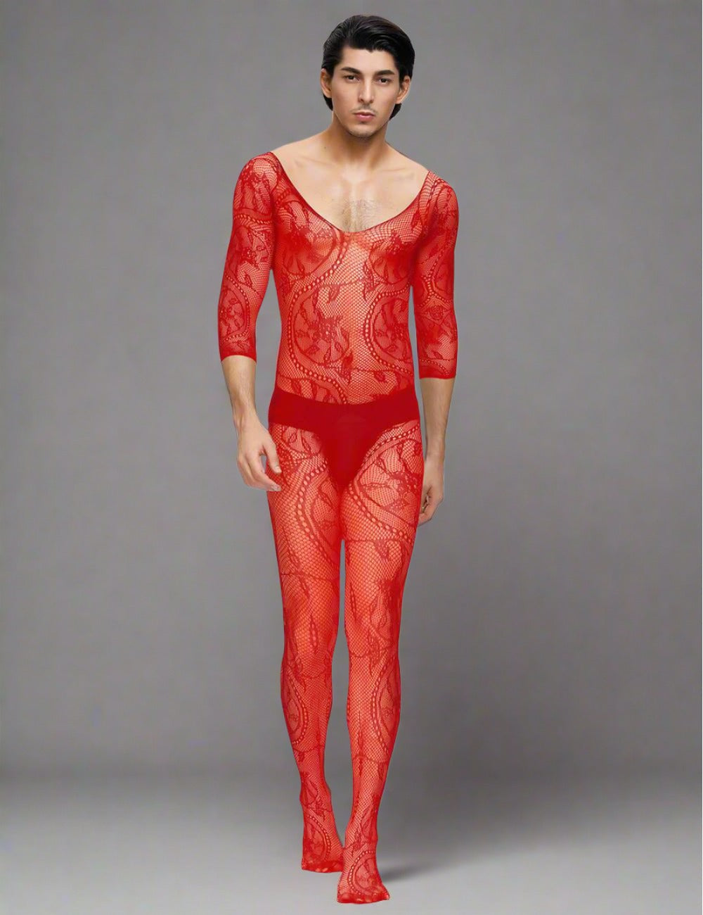 Scandals men's fishnet and lace crotchless floral black bodystocking, revealing intricate lace and fishnet details.