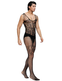 Thumbnail for Men's Strappy Shoulders Floral Motif Mesh Black Bodystockings For Men by Scandals