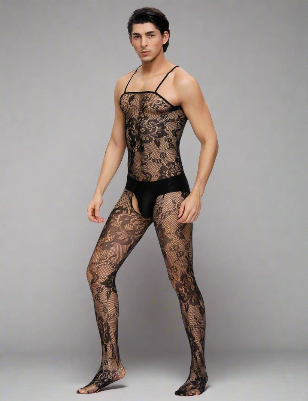Scandals Floral Spaghetti Strap Body stocking Menswear Scandals Lingerie. Back view.