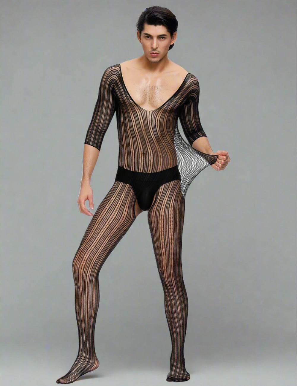 Men's black striped fishnet bodystocking with slopped neck and crotchless design by Scandals Menswear.
